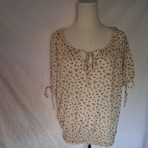 Cream Blouse with Tie Front and  Floral Print Relaxed Fit Size L